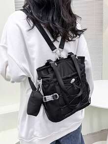 Back To School Casual Niche Design Canvas Backpack, Korean Style Versatile Fashion Handbag & Shoulder Bag, Large Capacity - Black - View 3