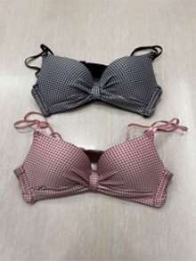 3 Piecesfashionable Multi-Color Pull-Up Underwear, Seamless Teen Bra Without Steel Rings, Sweet Girlish Halter Top Student Classic Checkered Printed Beautiful Back Bra For Girls