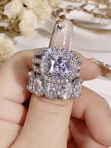 2pcs/Set Set Rings For Women White Cubic Zirconia Rings Gorgeous Wedding Accessories Eternity Jewelry - Ring Set - View 7