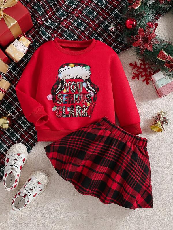 4-7 Years Old Girls Christmas Letter Print Long Sleeve Crew Neck Top And Red Plaid Skirt 2 Piece Set