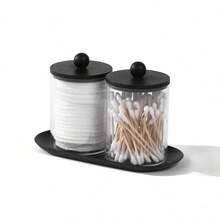Qtip Holder Dispenser With Tray Bathroom Jar Storage Organization Acrylic Apothecary Jars Canisters , Cotton Ball Qtip Holder Bathroom Set With Black Lids For Cotton Swab Halloween Storage
