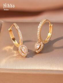 Hihho 1 Cặp bông tai hình giọt nước đính đá Zirconia tối giản, Phụ kiện trang sức thời trang, Quà tặng cho ngày hẹn hò - Vàng - Xem 3