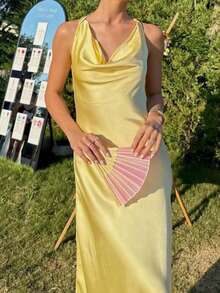 DEEKA 新款夏季时尚性感缎面感长款内衣风格派对连衣裙，适合夏季、节日、情人节、派对 - 黃色 - 查看 4