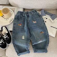 男童牛仔裤，2025年春秋新款韩版，男女通用刺绣水洗柔软休闲长裤，