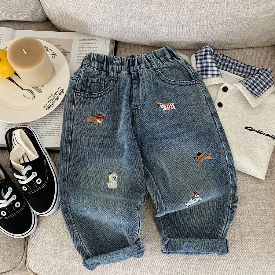 男童牛仔裤，2025年春秋新款韩版，男女通用刺绣水洗柔软休闲长裤，