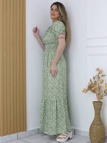 A&D Long Dress In VISCOSE LINEN With Floral Print And Elastic Lining - 綠色 - 查看 2
