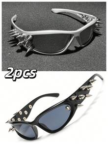 1 件女式小框朋克设计师原创铆钉全封闭科幻眼镜，重金属摇滚音乐节派对眼镜，复古风格厚个性化自拍眼镜，适合夏季海滩度假、户外、旅行 - 銀色 - 查看 29