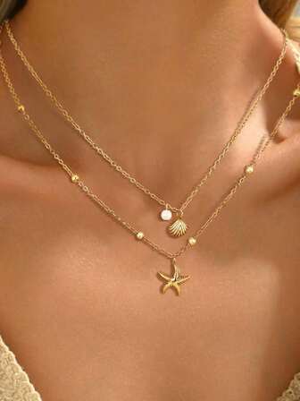 2pcs Seashell Necklace Set For Women 14K Gold Plated Adjustable Layered Starfish Seashell Faux Pearl Pendant Charm Necklace,Stacking Jewelry For Summer Beach Holiday,Summer Jewelry ,Everyday Wear,Birthday Gift,Friendship Gift