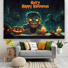 2D Flat, 1 Piece Halloween Party Backdrop With Pumpkin, Candle And Smiling Zombie Design - Scary 2D Flat Decor, Suitable For Indoor Celebration, No Electricity Required, Polyester Material, Halloween Decoration, Halloween Party Decor, Holiday Tabletop Arrangement, 2D Flat