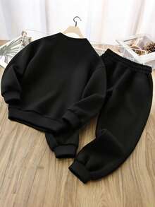 2 - Piece Set Tween Boy Street Style Bear Print Set, Comfortable And Elastic, Spring Autumn Daily Leisure Wear - Black - View 2