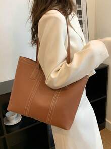Fashionable & Versatile Simple Stitching Tote Bag - Brown - View 9