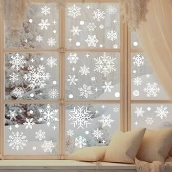 4 Sheets (137pcs) Christmas Window Stickers Snowflakes - Static White Christmas And Winter Decorations, Snowflake Shape Static Cling Decor, DIY Reusable Plastic Holiday Decorations, Suitable For Glass Windows, No Residue Winter Stickers, Home, Office, Store Display, Snowflake Pattern, Holiday Atmosphere, Damage Free Adhesive, Christmas Decor