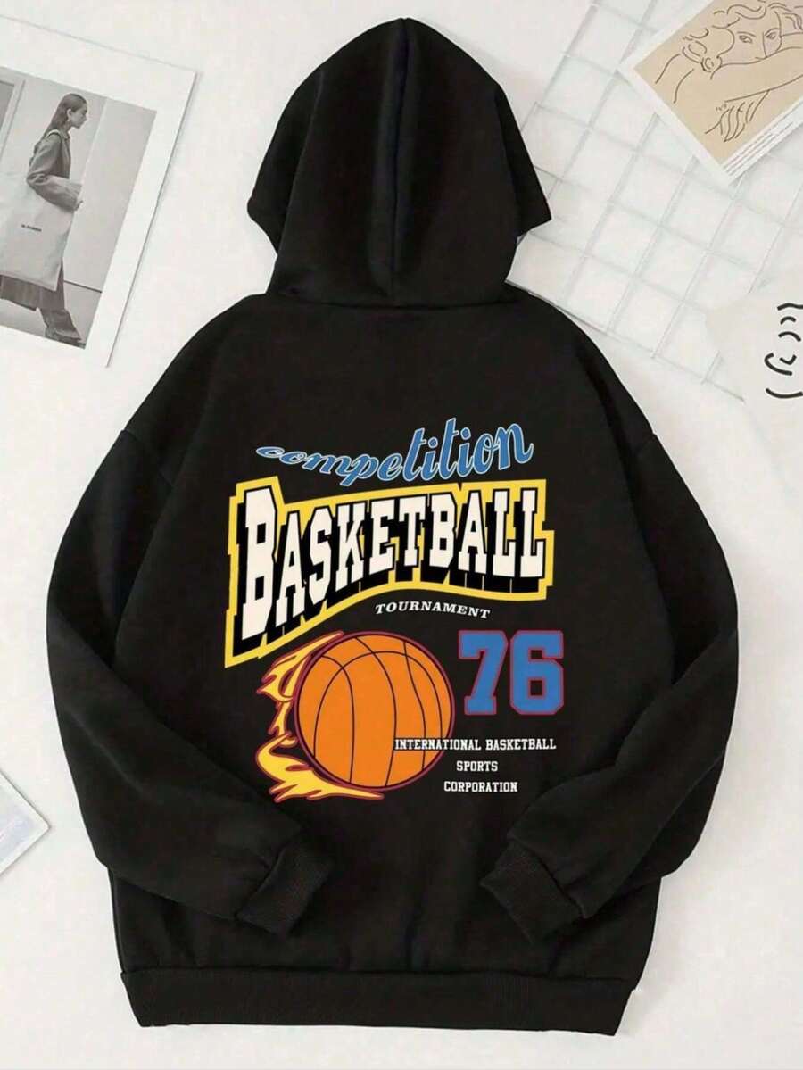 Mujer003 Sudadera de mujer Almacén local en México casual vestidos de mujer casual deporte hogar otoño e invierno sudadera de manga larga cómoda ajuste suave estampado versátil Sudadera con capucha negra estampada con diseño de baloncesto y texto "competition BASKETBALL TOURNAMENT 76 INTERNATIONAL BASKETBALL SPORTS CORPORATION" - Negro - Ver 1