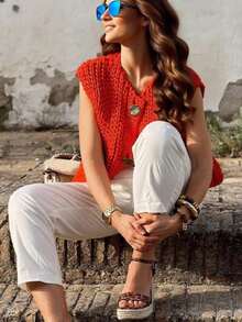 Women's Sleeveless Crochet Sweater Button Down Vintage Casual Streetwear Vest Tops With Pockets Cropped Knit Cardigan Fall Clothes - Red - View 8