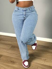 Mid-Rise Wide-Leg Jeans For Women - Jeans With Slanted Pockets And Pearl Decoration, Fashionable And Comfortable Wide-Leg Pants For Parties And Daily Wear - Light Wash - View 3