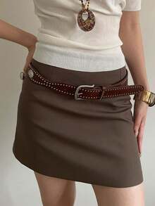 1 chiếc thắt lưng da PU màu cà phê dành cho nữ, thiết kế tối giản với họa tiết gợn sóng và trang trí đinh tán - Cà phê - Xem 4