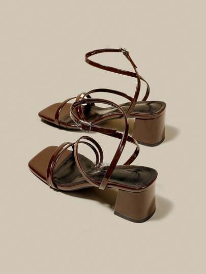 Women's Coffee Brown High Heel Sandals, Criss-Cross Open Toe Lace-Up Chunky Heel Strap Sandals, Summer Shoes