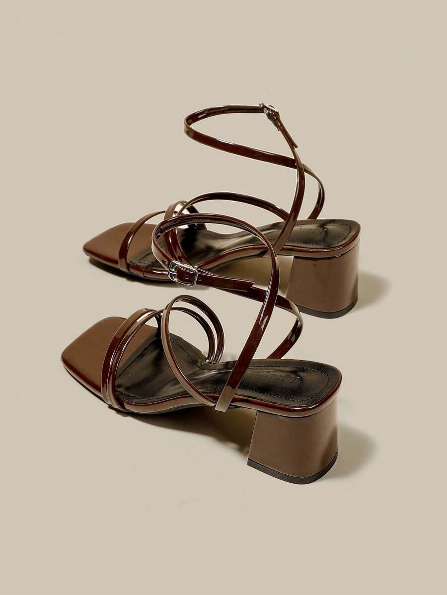 Women's Coffee Brown High Heel Sandals, Criss-Cross Open Toe Lace-Up Chunky Heel Strap Sandals, Summer Shoes