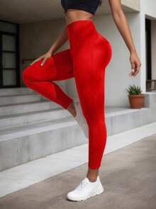 Seamless High Elasticity Waist Band Yoga Leggings - Red - View 3