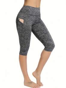 High Waist Capris Yoga Pants With Pockets, Tummy Control Workout Running Yoga Leggings For Women - Grey - View 2