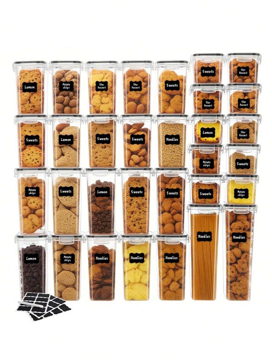30pcs  Kitchen Decor And Accessories,Vanity,Food Jars And Dispensers, Plastic Airtight Food Storage Containers For Cereals, Snacks And Sugar, Grain Dispensers With Labels And Markings, Dishwasher , Kitchen Accessories,Local Warehouse,Organization And Storage