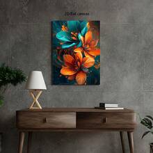 Large Vibrant Orange & Teal Floral Canvas Wall Art With Golden Swirls - Framed Modern Wrapped Canvas Painting Living Room, Bedroom, Dining Room Decor - Indoor Home Decoration, 2D Flat, Room Decor - 彩色 - 查看 6