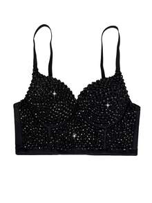 Black Beaded Handmade Fishbone Punk Style Women's Corset Camisole, With Padded Cups, Gothic Corset Bra - Black - View 4