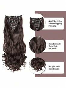 7件套16个夹子，24英寸长卷曲合成假发，耐热发夹，渐变黑棕金色，女士款 - 棕色 - 查看 3