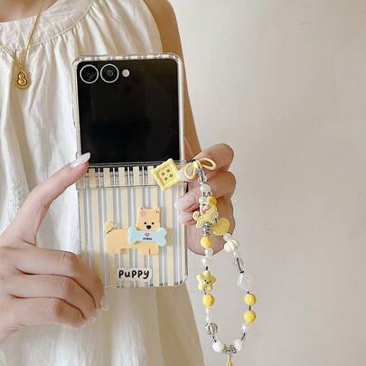 Cute Cartoon 3D Cookie Dog Folding Phone Case With Chain Compatible With Samsung Galaxy Z Flip3 5GGalaxy Z Flip 4 5GGalaxy Z Flip 5 5GGalaxy Z Fli