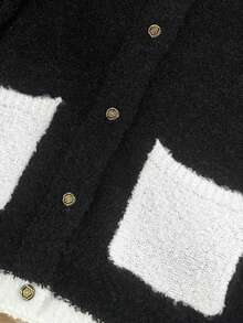 Contrast Color Casual Circular Mesh Cardigan For Women, Contrast Color Patchwork Front Button Pocket Ribbed