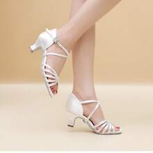 5cm Heel Soft, Lightweight & Comfortable Latin Dance Shoes, Satin Professional Ballroom, Party, Wedding, Jazz, Rumba, Tango, Salsa Practice & Performance Indoor Sandals, Women's Brown Dance Shoes - White - View 3