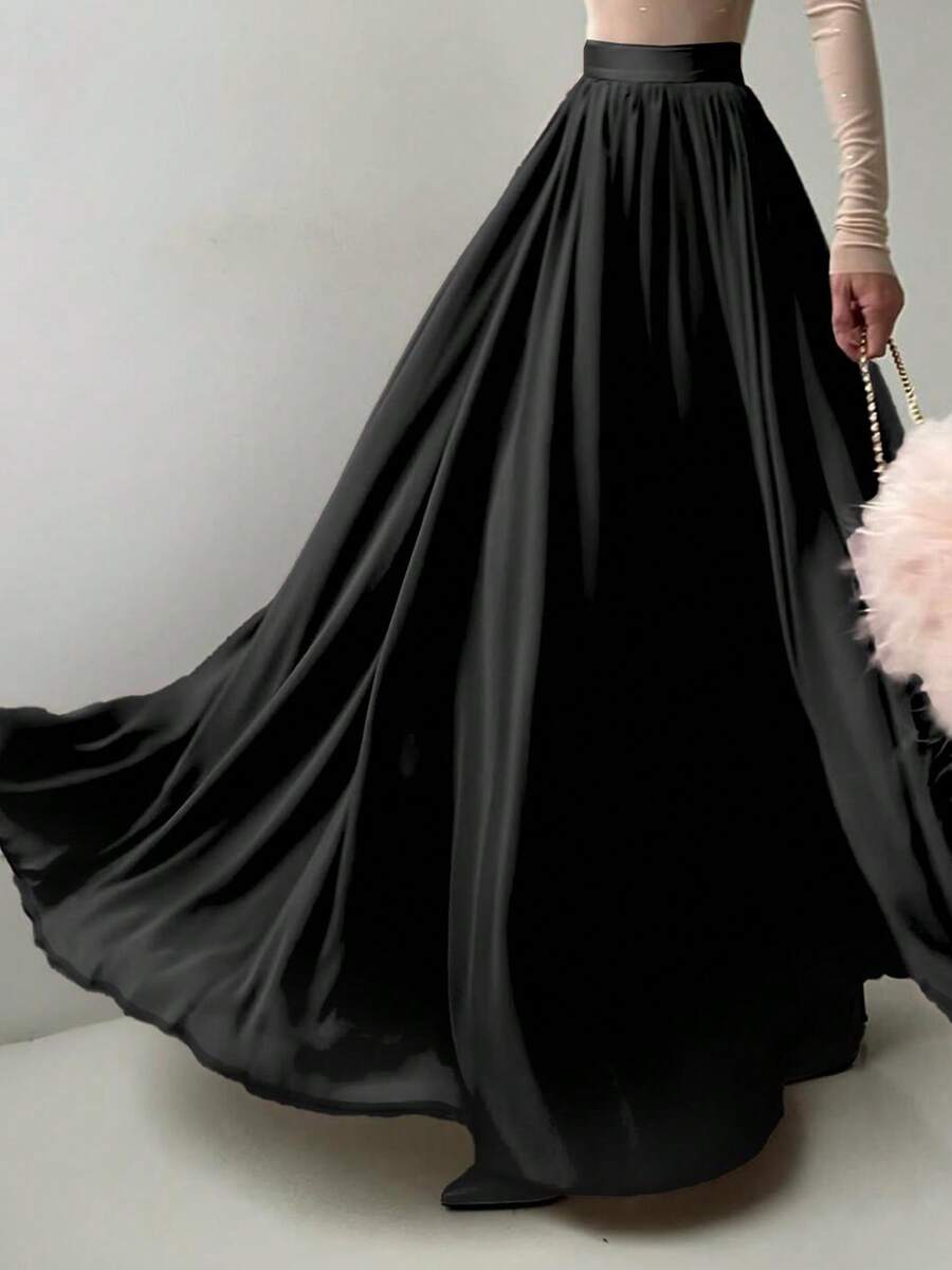 Falda maxi elegante de mujer de gasa de malla sólida negra con pliegues, ideal para festivales de música, fiestas, uso diario de chicas jóvenes, sesiones de fotos en la playa y vacaciones, atuendo casual de oficina para primavera/verano - Negro - Ver 1