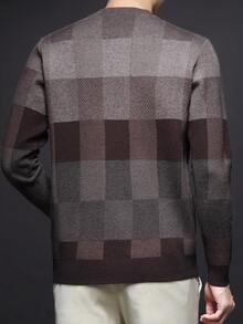 Men's Thick Round Neck Sweater, Business Casual Jacquard Knit Long Sleeve Top, Suitable For Layering Or Outerwear, Plaid & Striped Pattern, Autumn/Winter