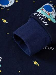 2 件套青少年男孩太空飞船卡通印花保暖睡衣套装，保暖内衣长袖上衣和裤子，秋冬 - 藏蓝色 - 查看 5