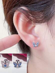 2 Stücke/Set zarte rosa, weiße, blaue Schmetterling Titan Stahl Hypoallergene Ohrknorpel Ohrstecker, funkelnde zweifarbige Schmetterling Titan Stahl Ohrclips Ohrringe, 20G Gewindeohrringe mit Strass