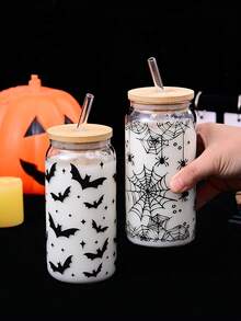 1pc Cute Halloween Glass Cup With Bamboo Lid & Reusable Straw - 500ml Jar Design, Bat, Spider, Ghost & Floral Decor, Suitable For Beer, Juice, Iced Coffee - Halloween Party Decor & Summer Beverage Container, Fun Drinking Glass, Bat Pattern, Durable Glass, Themed Glass Cup, Trick Or Treat