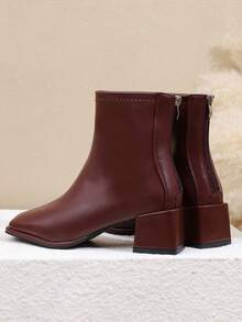 女士短靴，粗跟，高跟，白色细跟踝靴，法式风格 - 酒紅色 - 查看 9