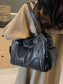Nuova borsa a spalla multifunzionale di moda classica, in colore unito, in tessuto PU retrò con grande capacità, con cerniera, progettata per le donne, adatta per lo shopping e i viaggi, nuovi arrivi di borse a tracolla per donna