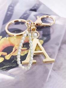 高级优雅金色珍珠字母钥匙扣，字母A-Z立体吊坠，优雅珍珠链闪钻（可根据个人喜好拆卸）时尚合金钥匙扣圈，耳机挂件，背包吊饰汽车钥匙扣 - 金色 - 查看 3