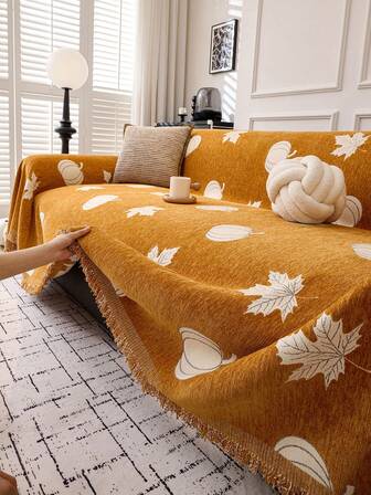 1 件南瓜和枫叶图案沙发盖毯，万圣节节日装饰沙发套，宠物友好型防刮沙发保护套，可机洗家居装饰，适用于 L 形组合沙发和 1/2/3/4 座沙发（单独出售）