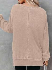 Women's Autumn/Winter New Stylish Simple Solid Color Round Neck Side Slit Waffle Knit Sweatshirt, Versatile For Commuting, Travel, Date, Daily Wear, Long Sleeve Top