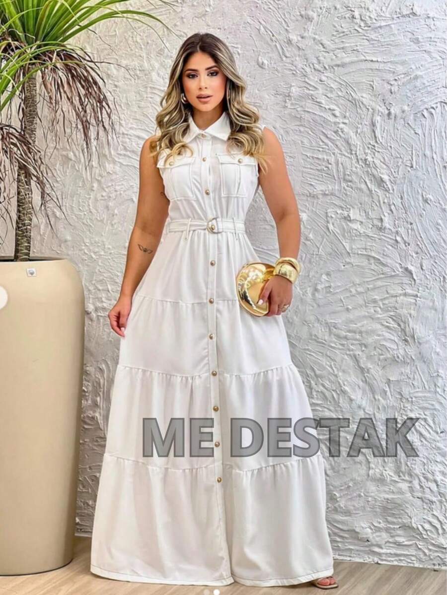 Women's Sleeveless Maxi Dress With Front Buttons, Shirt Collar, Pockets, And Adjustable Belt In Ruffle Layers - White - View 1