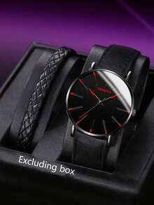 1pc Men's Business Leather Strap Quartz Watch Paired With 1pc Versatile Simple Braided Rope Bracelet