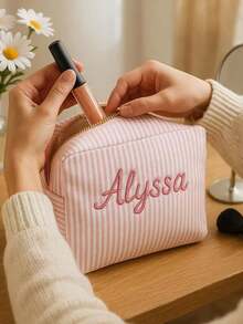 Customized Text & Striped Travel Toiletry Bag - Personalized Zipper Cosmetic Organizer Pouch, Portable Polyester Storage Box, Suitable For Travel, School, Dorm Or Home - Perfect Gift For Mom And Wife, School Essential Organizer, Waffle Material + Exclusive Name Embroidery, Christmas, Valentine's Day Gift, Makeup Brush Holder, Makeup Mirror Makeup Brush Lipstick Organizer, Portable For Business Trip And Travel. Suitable For Storing Cosmetics, Stationery, Car Accessories Christmas Beauty Accessories