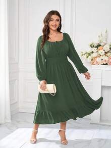 Women's Plus Size Midi Dress Long Sleeve Scoop Neck Elastic High Waist A Line Dresses Women Wedding Guest Dress - 軍綠色 - 查看 7