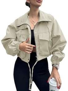 Womens Cropped Zip Up Lightweight Oversized Utility Anorak Coat With Pockets, Style EBU0 - 淺褐色的 - 查看 1