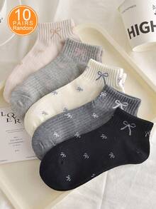 5/10 Pairs Women's Random Assorted Bow Pattern Low-Cut Socks, Fashionable & Versatile, Simple & Comfortable, Soft & Breathable, Suitable For Daily Use - Multicolor - View 7