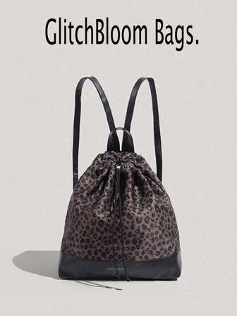 1pc Korean & Japanese Style Leopard Print Backpack, Fashion Street Casual Versatile Large Capacity Drawstring Lightweight Commuter Backpack, Spring/Summer