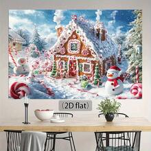 1 Stück 2D flache Lebkuchenhaus Winterwunderland Kulisse - Schneemann, Zuckerstangen, Lebkuchenhaus und verschneite Baumszene, perfekt für Feierlichkeiten, keine Elektrizität nötig, Polyestermaterial, toll für Partys und Fotohintergrund, Weihnachtsdekoration