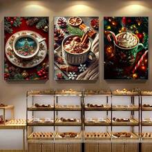 1/3pcs Christmas Themed Gourmet Coffee Canvas Art Oil Painting Nordic Style Wall Decoration, Optional Wooden Frame, Featuring Hot Chocolate, Cinnamon And Pine Cones - Very Suitable For Living Rooms, Bedrooms, Offices, Coffee Bar Decoration, Etc
